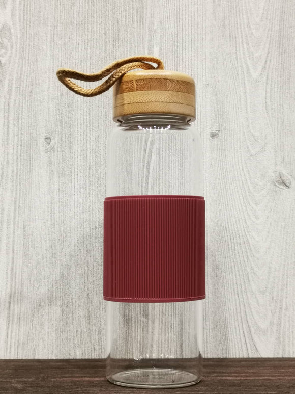 Heat Resistant Bamboo Lid Glass Bottle (Red)
